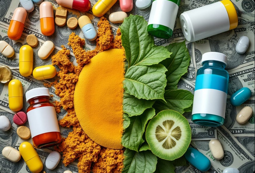 A group of pills and a yellow circle surrounded by green leaves

Description automatically generated