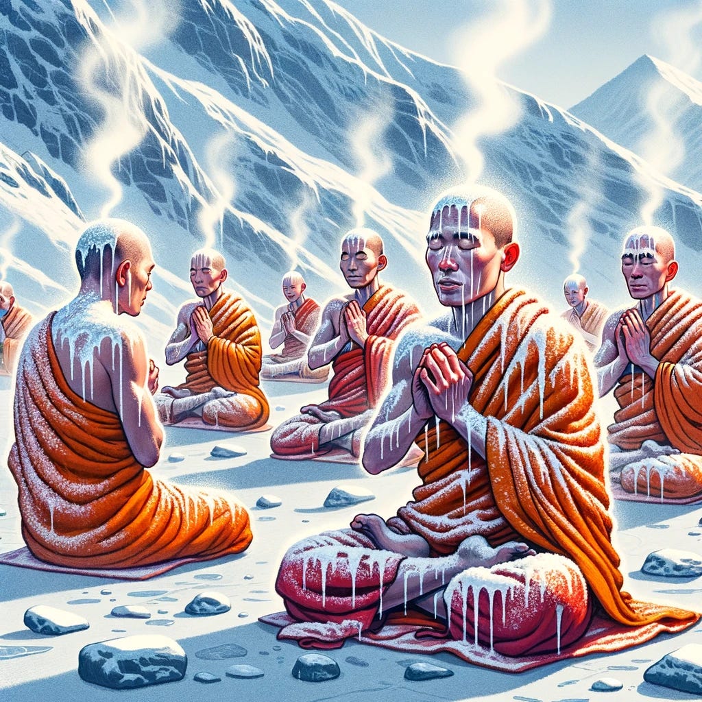 Illustration of Tibetan monks practicing g Tum-mo meditation in a cold environment. The monks are surrounded by snow and ice, yet they sit peacefully with wet towels draped over them. The towels emit steam, showcasing the monks' incredible ability to raise their body temperature through focused meditation techniques.