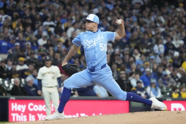Kansas City Royals pitcher Kris Bubic (50) throws during the second inning of a baseball game against the Milwaukee Brewers Monday, March 31, 2025, in Milwaukee. (AP Photo/Kayla Wolf)
