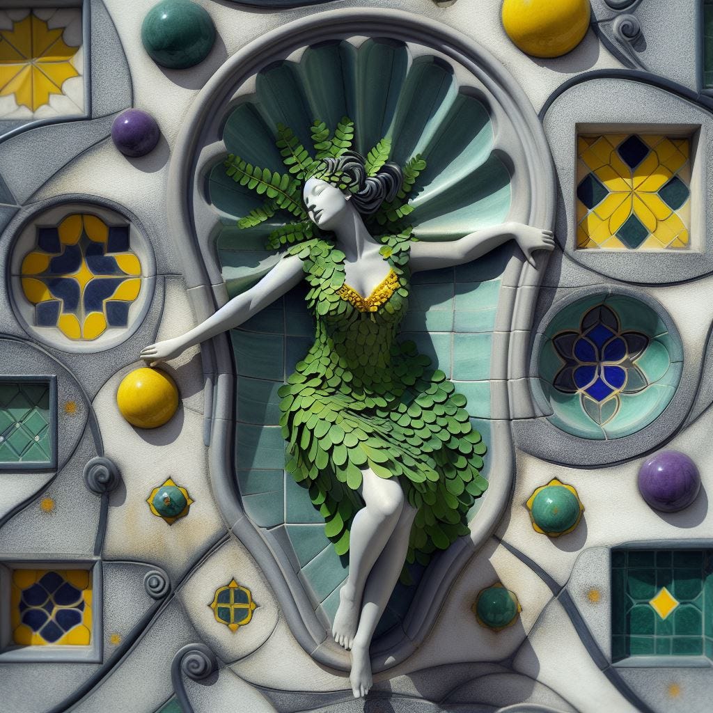 Hyper realistic; tilt shift; Lensbaby Effect.female cosmopolitan MANNEQUIN STATUE OF soapstone merging Quatrefoil on wall: mannequin is dancing in tiny moringa leaf green and yellow dress. one with prussian blue Gothic Tracery: Louver yellow and chartreuse decorative ceiling tiles. gold and purple-grey and green details .woman merges into the Hundertwasserhaus, Vienna, Austria:  her body partly embedded in wall. scattered GLITTER. sunny sky, fluffy clouds.  radiant