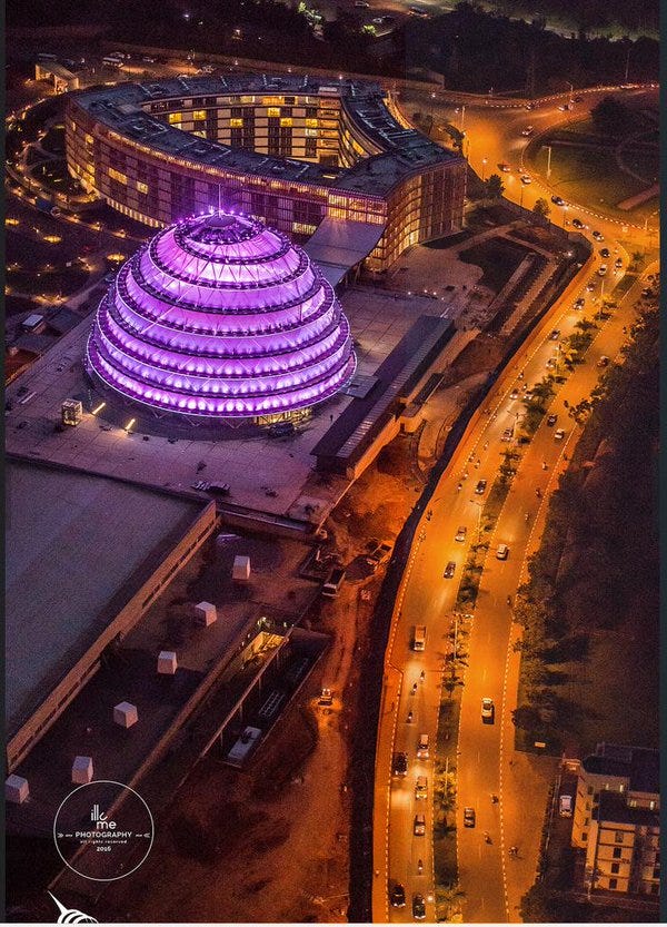 The Kigali Convention Centre is illuminated in purple for the 23rd anniversary of the Rwandan genocide in April 2017
