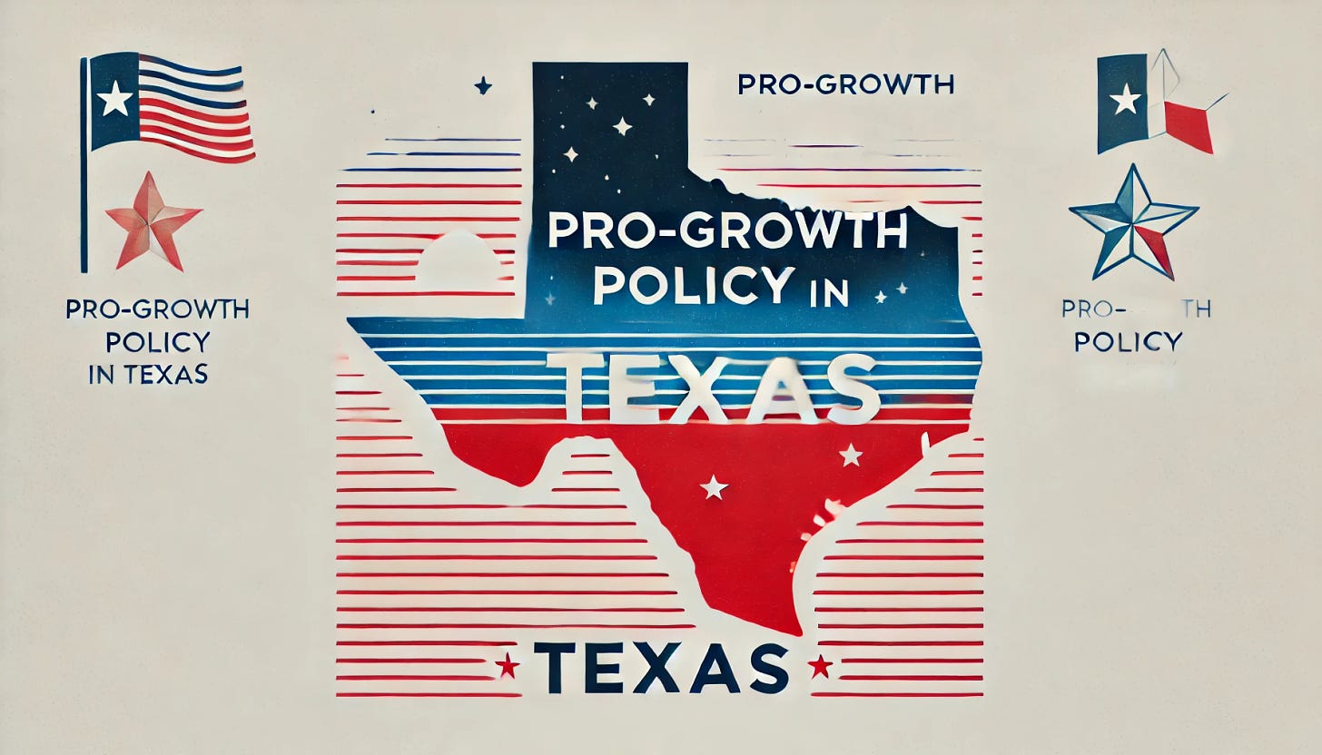 Create a simple, minimalist landscape graphic for the title 'PRO-GROWTH POLICY IN TEXAS' in red, white, and blue. Use bold, clean typography to emphasize the title, and incorporate subtle Texas-themed elements like the outline of the state or faint stars. Keep the design uncluttered and professional, conveying the theme of economic growth and policy, suitable for a headline or informational graphic.