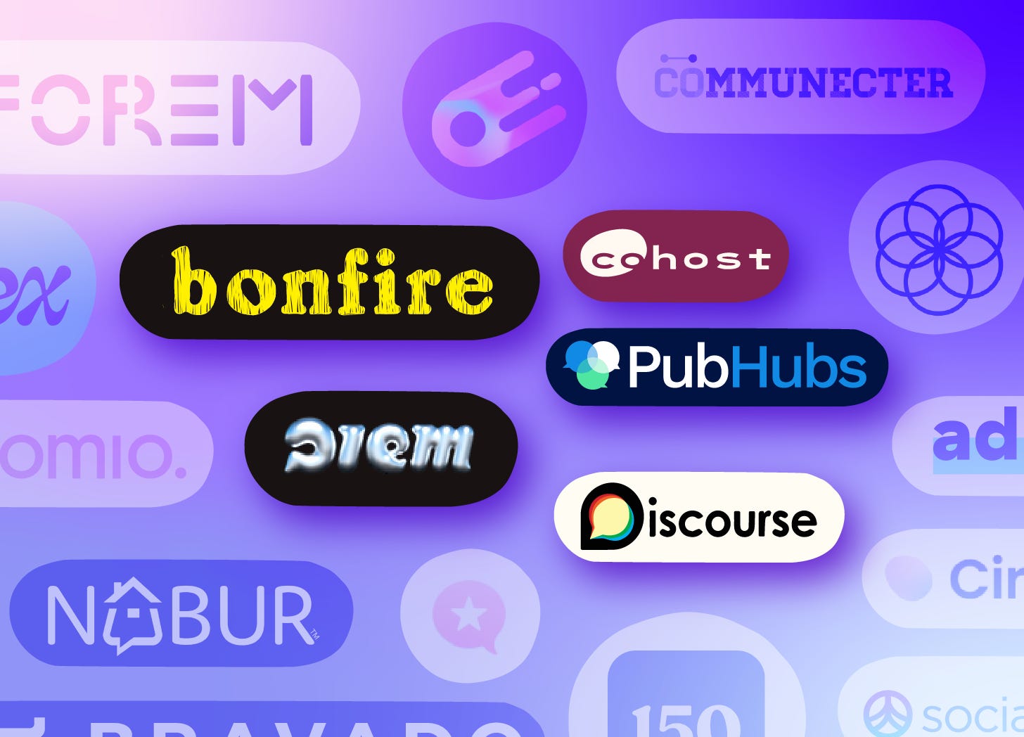 Many logos for various digital spaces. Five are in focus and full opacity in the center: Bonfire, Cohost, Diem, PubHubs, Discourse. The rest are slightly faded on a blue-ish gradient background.