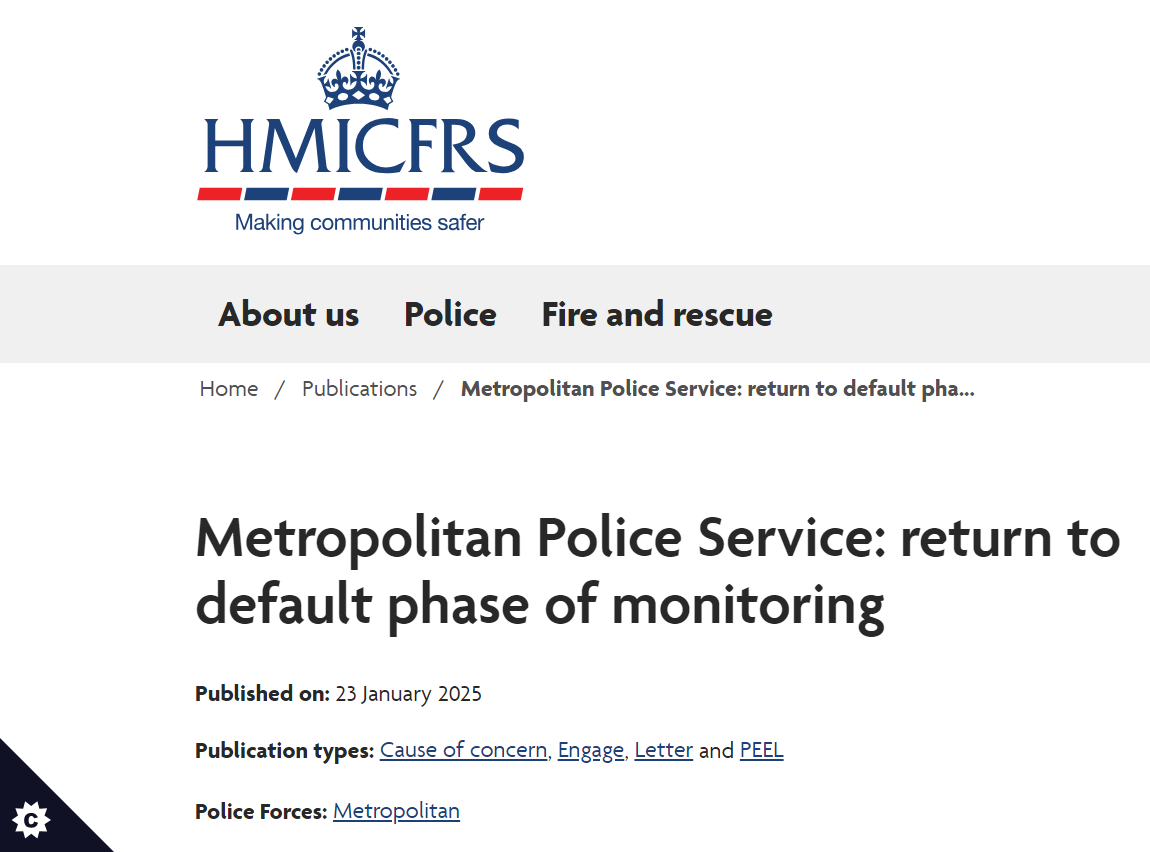 Screenshot of HMICFRS webpage titled 'Metropolitan Police Service: return to default phase of monitoring'