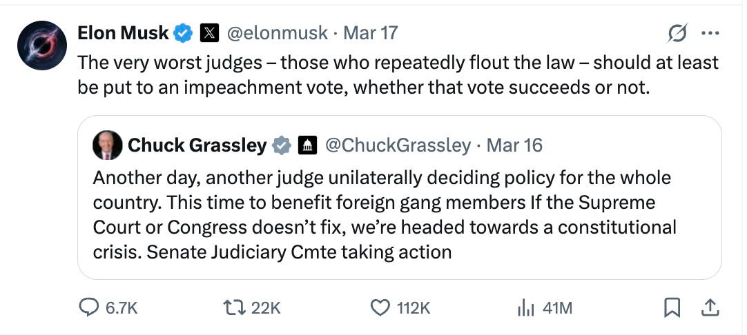The very worst judges – those who repeatedly flout the law – should at least be put to an impeachment vote, whether that vote succeeds or not.  Another day, another judge unilaterally deciding policy for the whole country. This time to benefit foreign gang members If the Supreme Court or Congress doesn’t fix, we’re headed towards a constitutional crisis. Senate Judiciary Cmte taking action.