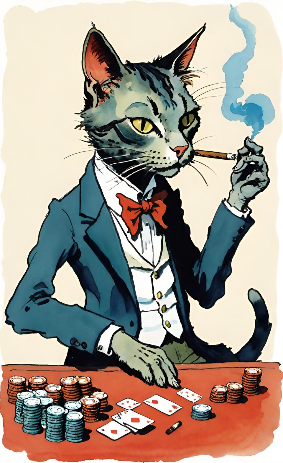 A cat wearing a suit and smoking a cigarette.