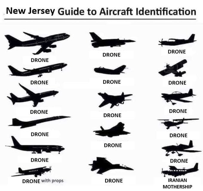 Alt text  New Jersey Guide to Aircraft Identification  Shows various planes  747 (labeled "Drone") 727 (labeled "drone") F-16 (labeled "drone") Cessna (labeled "drone") Helicopter(labeled "drone") etc.  After a dozen of these, at the bottom, another Cessna labeled "Iranian Mothership"