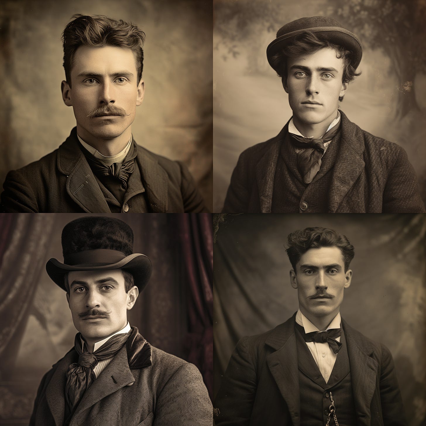 4-image grid of Victorian men, vintage photos, in Midjourney
