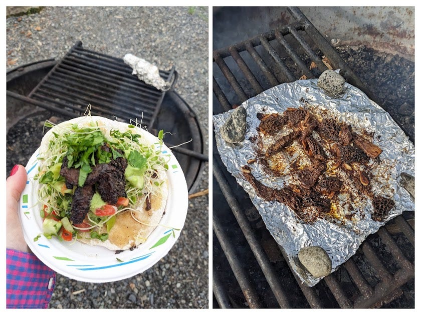 shawarma spice-marinated morel gyros, D-I-Y campfire edition at K'esugi Ken Campground in Denali State Park, because I forgot the cast iron pan ! : )