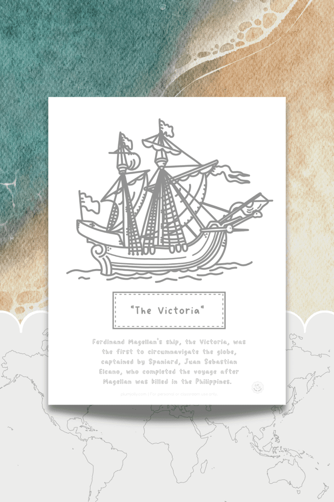 This fifth printable on our Famous Explorers word search blog post is a coloring page featuring an image of the explorer Ferdinand Magellan's ship "The Victoria."