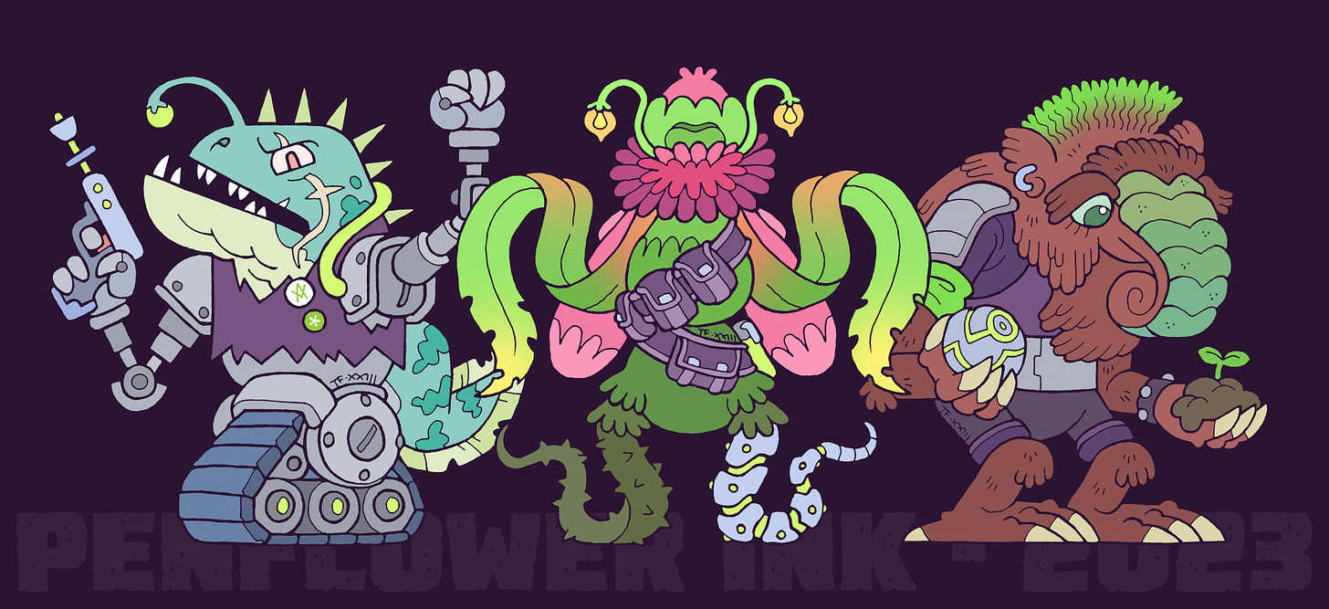 Composite image of three traditionally hand drawn and digitally coloured alien eco-punk characters. From left to right: a cyborg eel, a winged plant-like being and a shaggy haired humanoid with a trunk, claws and a green mohawk.