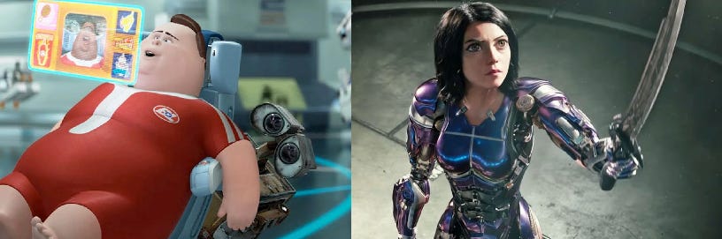 Left: human from Wall-E, passively consuming; Right: Alita Battle Angel, wielding a sword