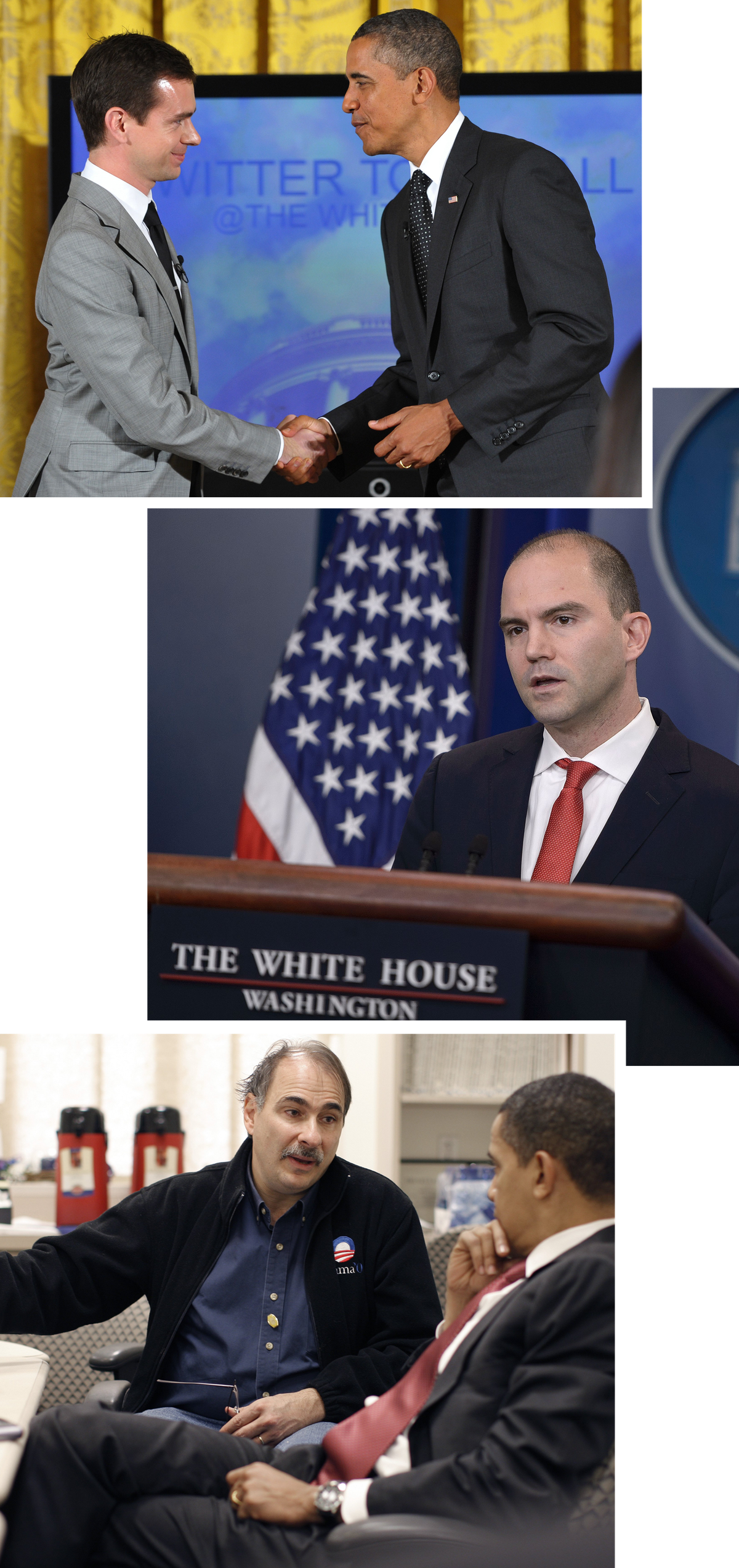 De cima: Barack Obama com o cofundador do Twitter, Jack Dorsey, após realizar um "Twitter Town Hall", 2011; o vice-conselheiro de segurança nacional Ben Rhodes em uma coletiva de imprensa na Casa Branca, 2016; Obama e David Axelrod na Pensilvânia, 2008