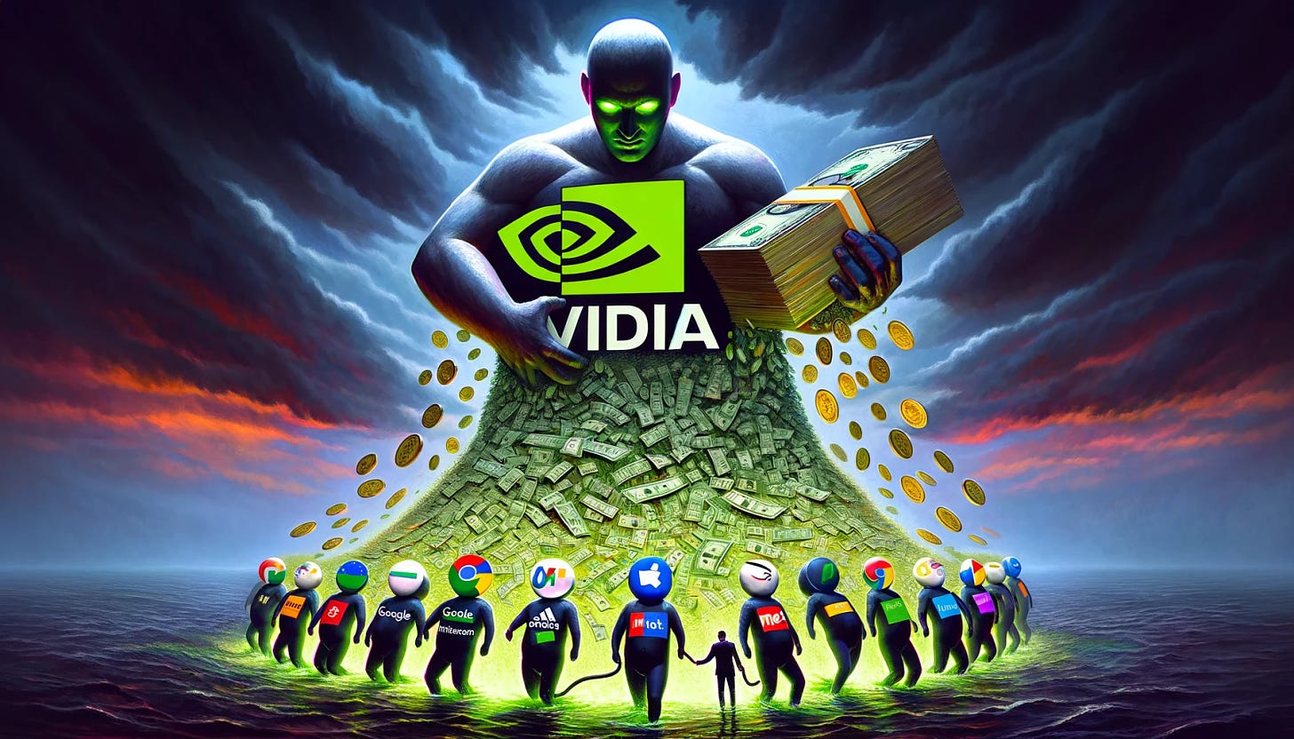 A powerful depiction of NVIDIA as a monopolistic entity, represented by a giant figure with the NVIDIA logo, soaking away money from smaller figures representing Google, Microsoft, Amazon, Meta, and Bytedance. The smaller figures should have their respective logos and appear to be losing money, shown as coins or bills flowing from them to NVIDIA. The background should be a dramatic, dark landscape with a sense of economic imbalance, highlighting NVIDIA's dominant position in the AI hardware market.