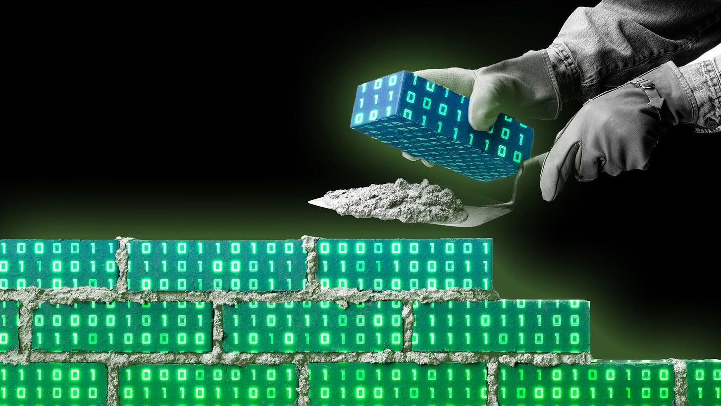 Illustration of bricklaying where the bricks have a digital binary glow 