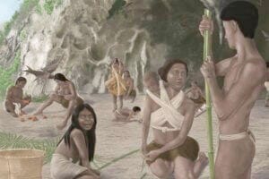 Fiber technology at Tabon Cave, 39-33 000 years ago. An artistic view based on the latest archaeological data. Drawing by Carole Cheval-Art'chéograph. Made for the exhibition "Trajectories and Movements of the Philippine Identity" curated by Hermine Xhauflair and Eunice Averion. Scientific advising: Hermine Xhauflair.