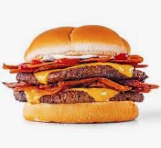 A double cheeseburger with bacon and cheese

Description automatically generated