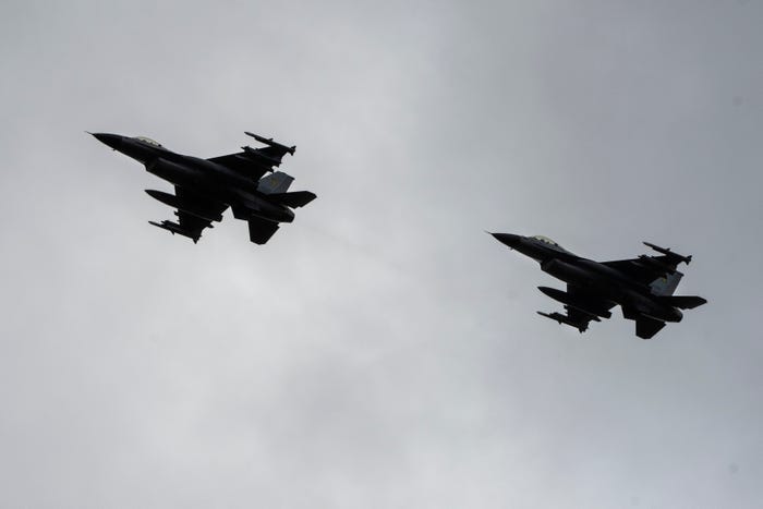The Ukrainian Air Force's F-16 fighter jets fly in an undisclosed location in Ukraine, Sunday, Aug. 4, 2024.