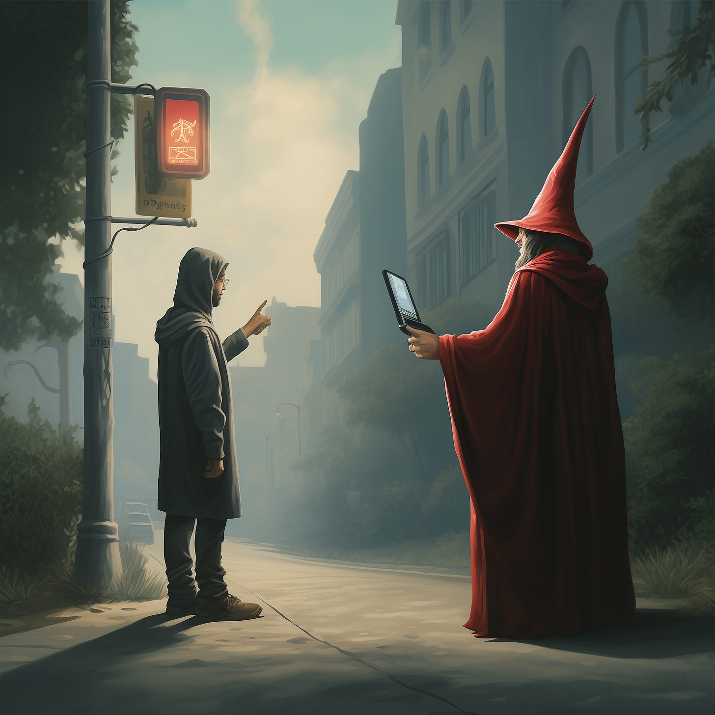 A red robed wizard with a pointy hat offering a laptop to a lost young man on an urban cross-roads.