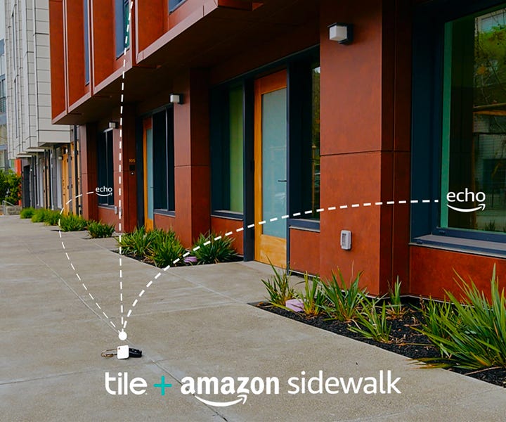 A sidewalk image showing the integrations with Tile & Amazon sidewalk which helps to find devices like the Amazon echo