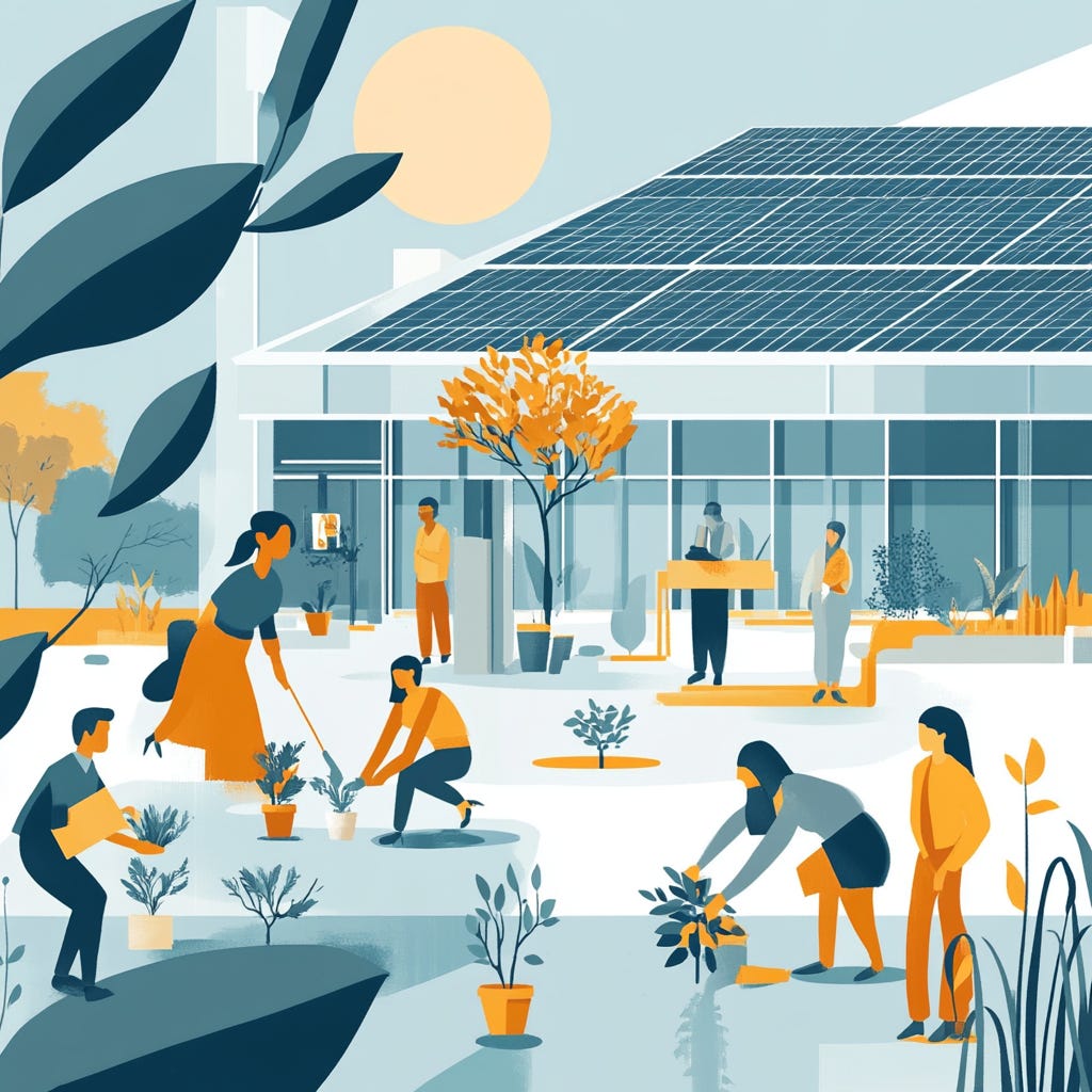 an illustration of A diverse group of office workers planting trees in a modern, energy-efficient workplace with solar panels visible