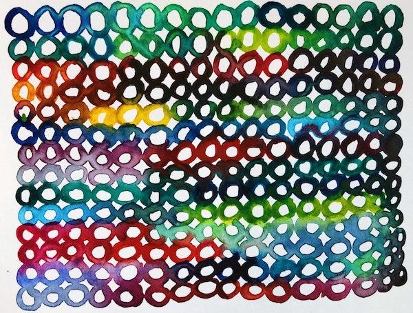 Image is filled with parallel rows of small watercolor circles bleeding into each other. Lots and lots of color.