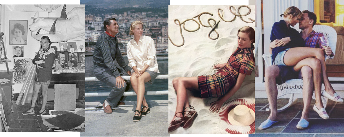 Images of Salvadore Dalí in his studio, Cary Grant and Grace Kelly filming 'To Catch A Thief', Vogue's June 1934 cover, featuring a woman in a plaid dress and espadrilles laying in the sand, and Taylor Swift wearing 