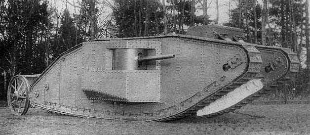 Photo of a "male" Mark 1 tank. The "male" variant has 6-pounder guns instead of the more feminine machine guns.