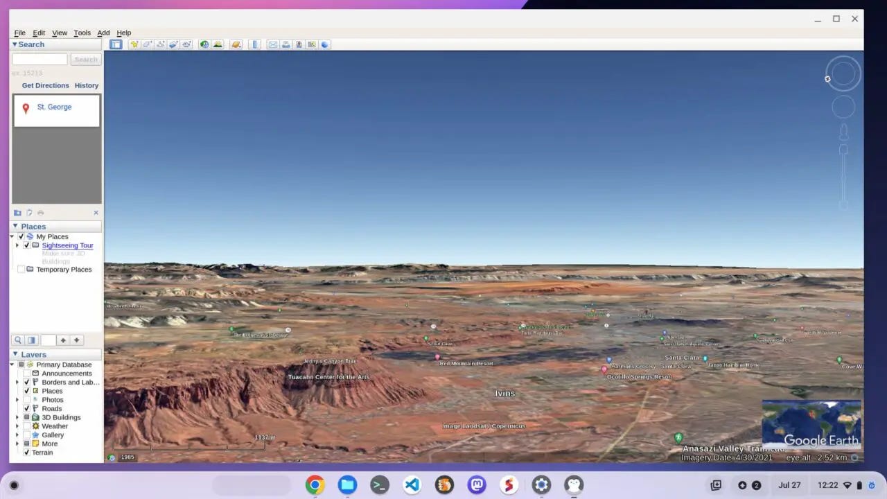 Street View perspective using Google Earth Pro on a Chromebook