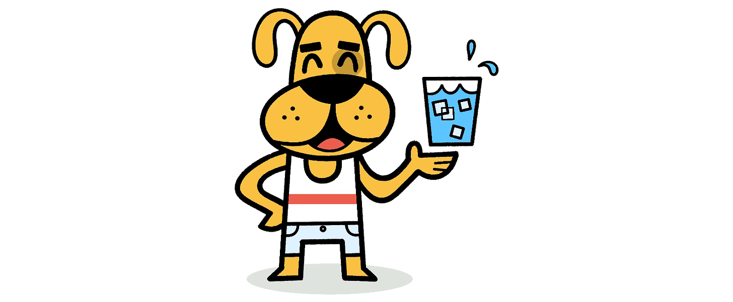 an illustration of a dog with a glass of ice water