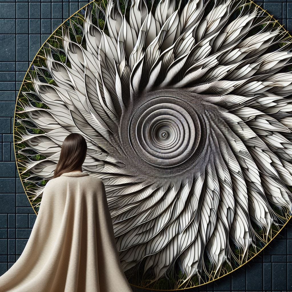 Hyper realistic : Close up woman wearing a cream linen and silk cape in foreground made of macro close up of wing scales. overlay overt opticle illusion circles of black and white that seem to go in both directions, string art. turning.  background is a spiral of crackly squares. They spiral to a point and disappear in the center of the screener's. a dark blue background with see through squares with thin neon yellow, cream and orange light as trim. Stucco, cement, green moss