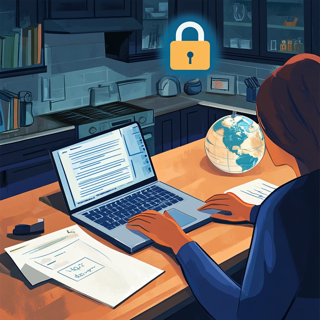 an illustration of A person working on a laptop in a home kitchen setting, surrounded by legal documents and a globe, with a secure lock icon floating above the scene