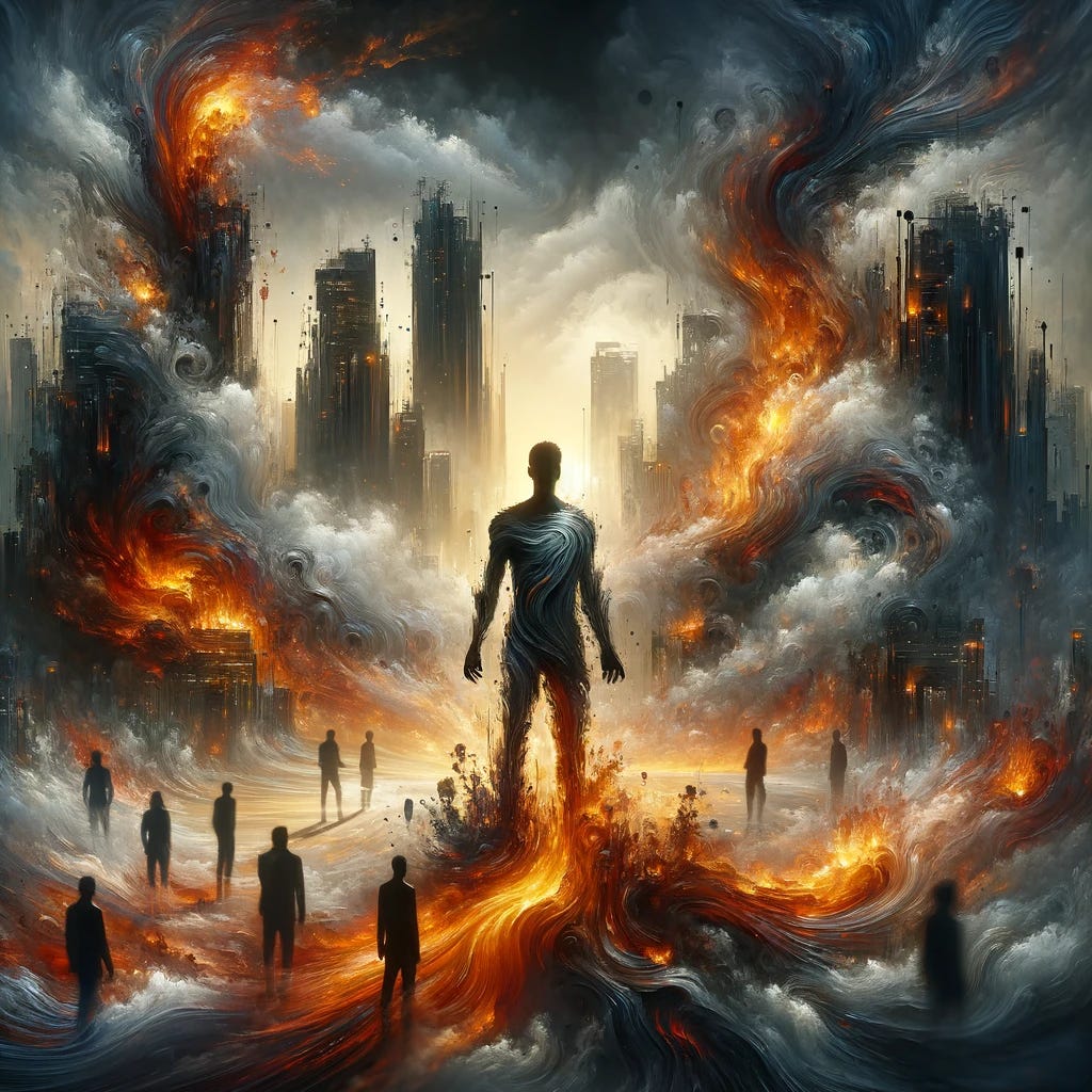 An image depicting a dark-skinned individual standing amidst a chaotic scene with elements of fire and intensity, symbolizing fierce adaptation and resilience. The environment is swirling and fluid, representing the world's chaos, now enhanced with flames and fiery elements. Skyscrapers and surroundings appear as if melting or engulfed in flames, adding a surreal, intense effect. People around are depicted in a blurred, flowing state, with hints of fiery energy around them. The central figure stands calm and composed, their form partially blending into the liquid and fiery chaos, yet maintaining a clear, determined gaze, embodying the concept of thriving amidst intense and fiery challenges.