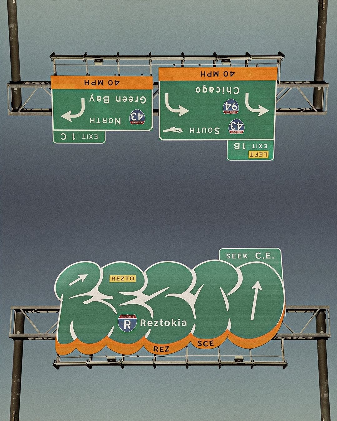 Highway signage incorporating graffiti-style typography and arrows directing to different exits and locations.