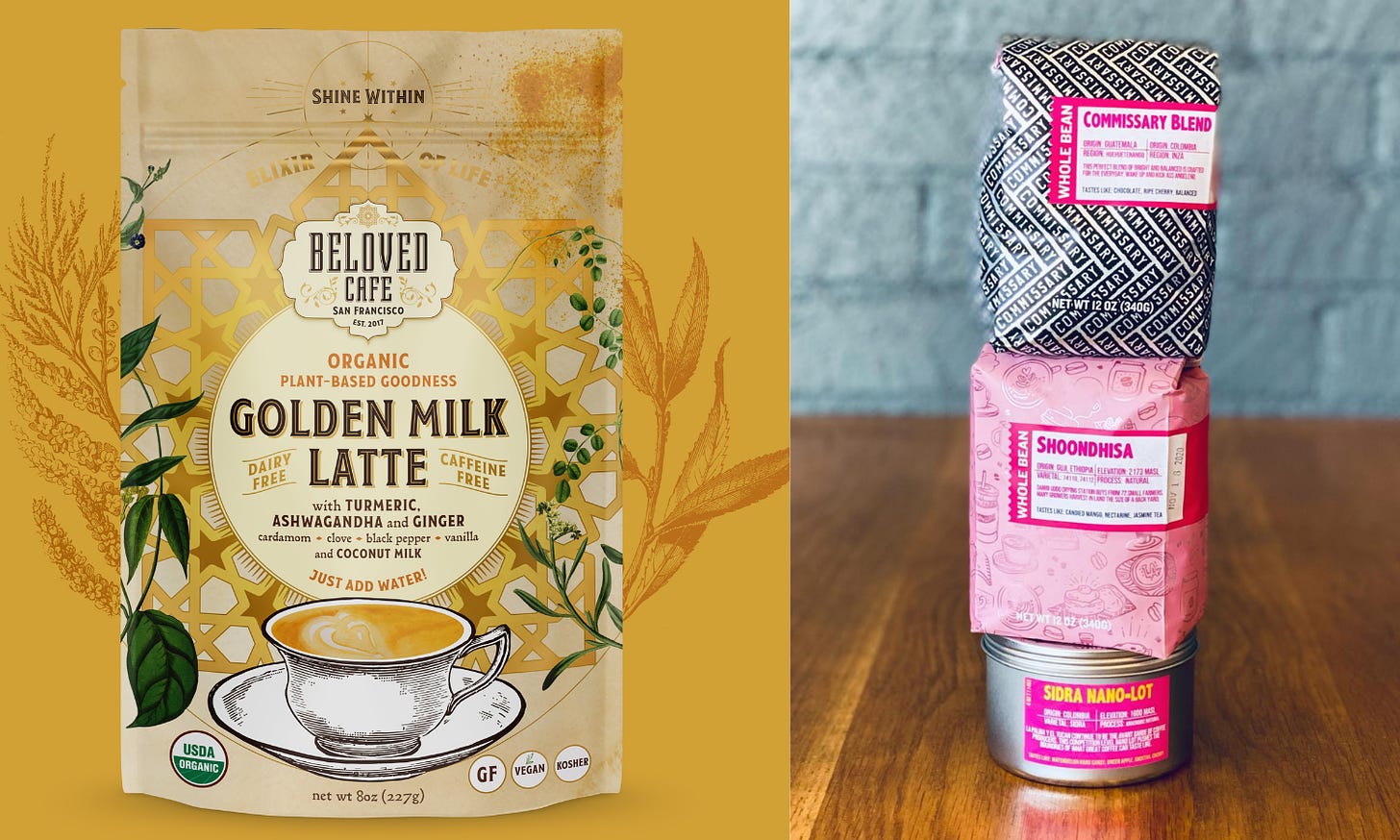 Left: Front view of a Golden Milk Latte zip-sealed package. Right: A stack of coffee packaging products in black and pink on wood table top.