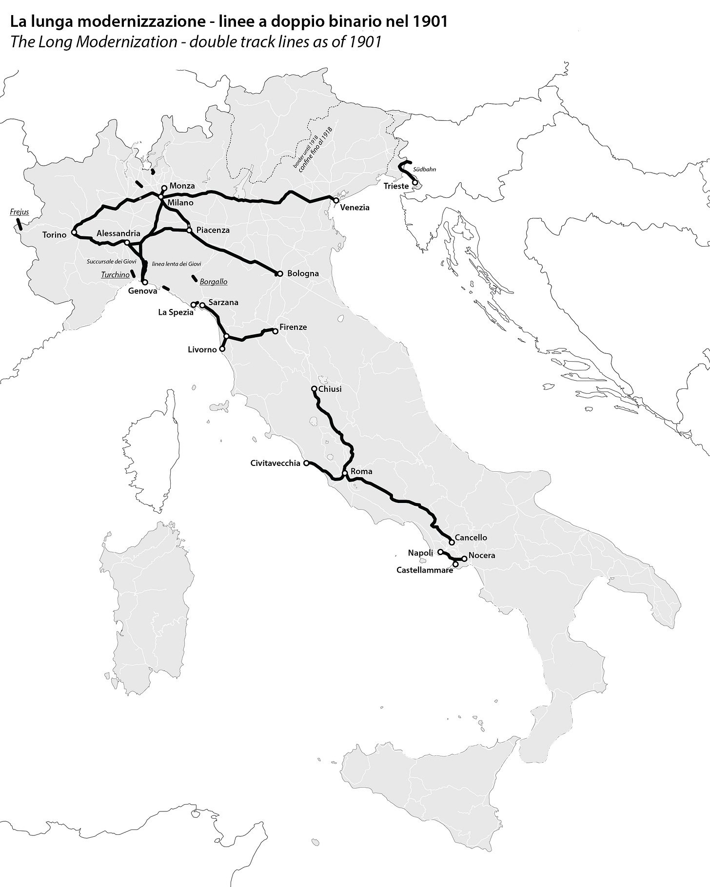 A map of Italy showing the double track lines as of 1901. They are: Napoli-Castellammare-Nocera; Roma-Cancello; Roma-Civitavecchia; Roma-Chiusi; Firense-Pisa-Livorno; Pisa-Sarzana; Genova-Milano; Genova-Alessandria-Torino; Tortona-Piacenza; Milano-Bologna; Milano-Monza; MIlano-Venezia; Trieste-Lubliana and three tunnels of Borgallo, Turchino and Frejus