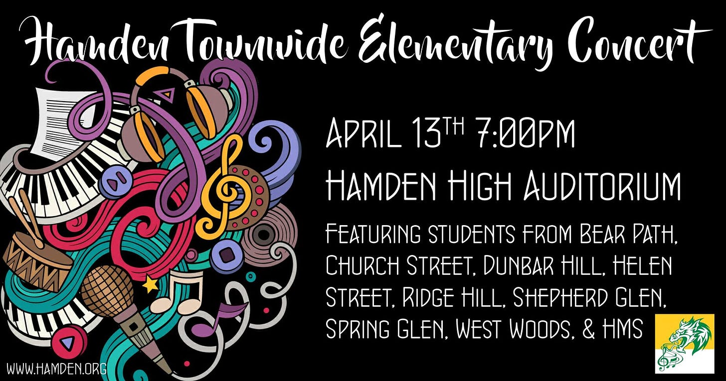 May be an image of violin, clarinet and text that says 'Hamden Townwide Elementary Eleme Concert APRIL 13TH 7:00PM HAMDEN HIGH AUDITORIUM FEATURING STUDENTS FROM BEAR PATH, CHURCH STREET, DUNBAR HILL, HELEN STREET, RIDGE HILL, SHEPHERD GLEN, SPRING GLEN, WEST WOODS, & HMS WWW.HAMDEN.ORG'