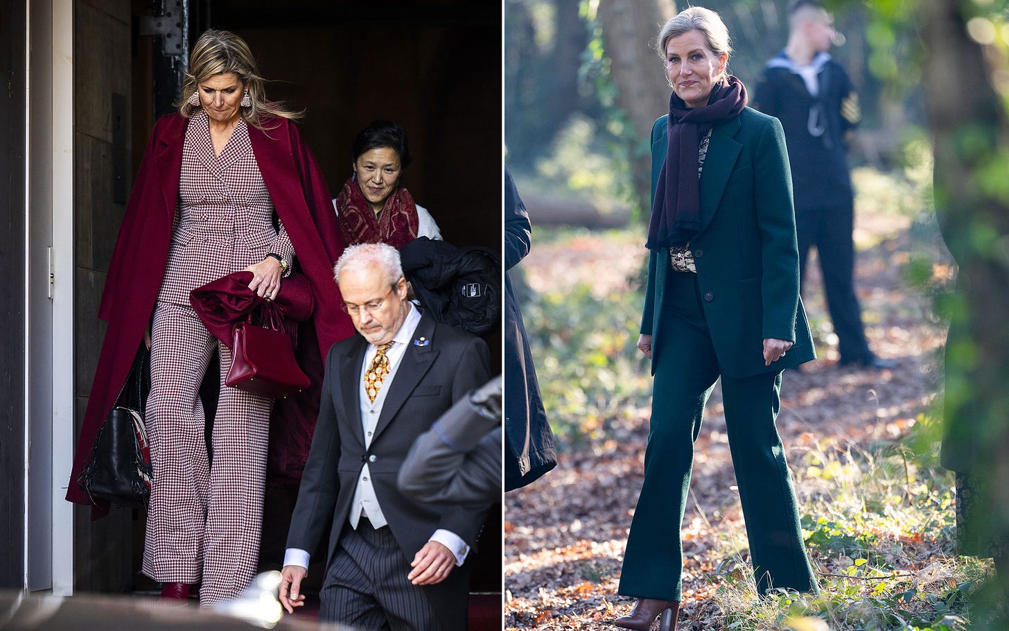 Queen Maxima in a houndstooth suit and blazer, and Duchess of Edinburgh in a green suit