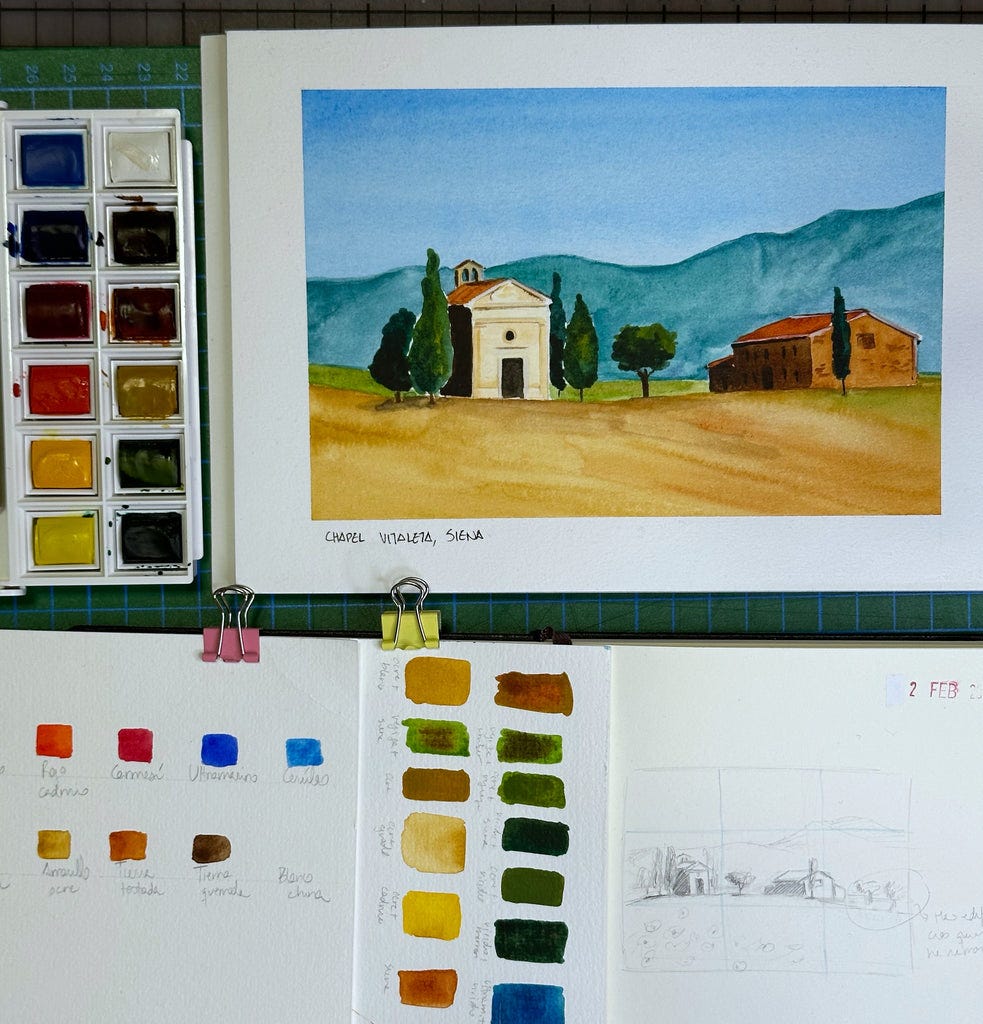 tuscany watercolor postcard with color swatches