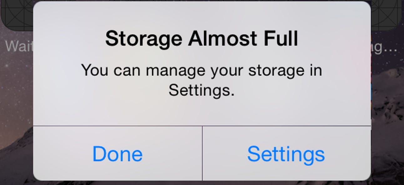 Screenshot of a pop-up "Storage almost full"