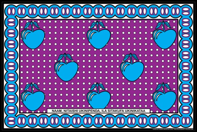 A cloth printed with blue cherries on a purple background