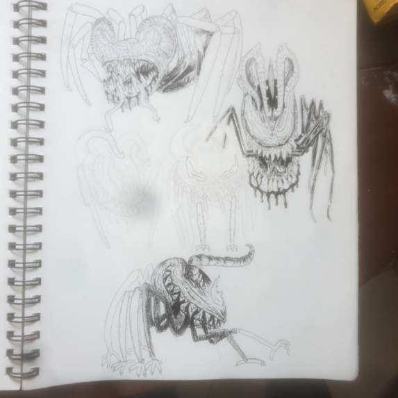 Early sketches of Enzo. He appears like a giant clam with spiders legs and gnarled teeth.