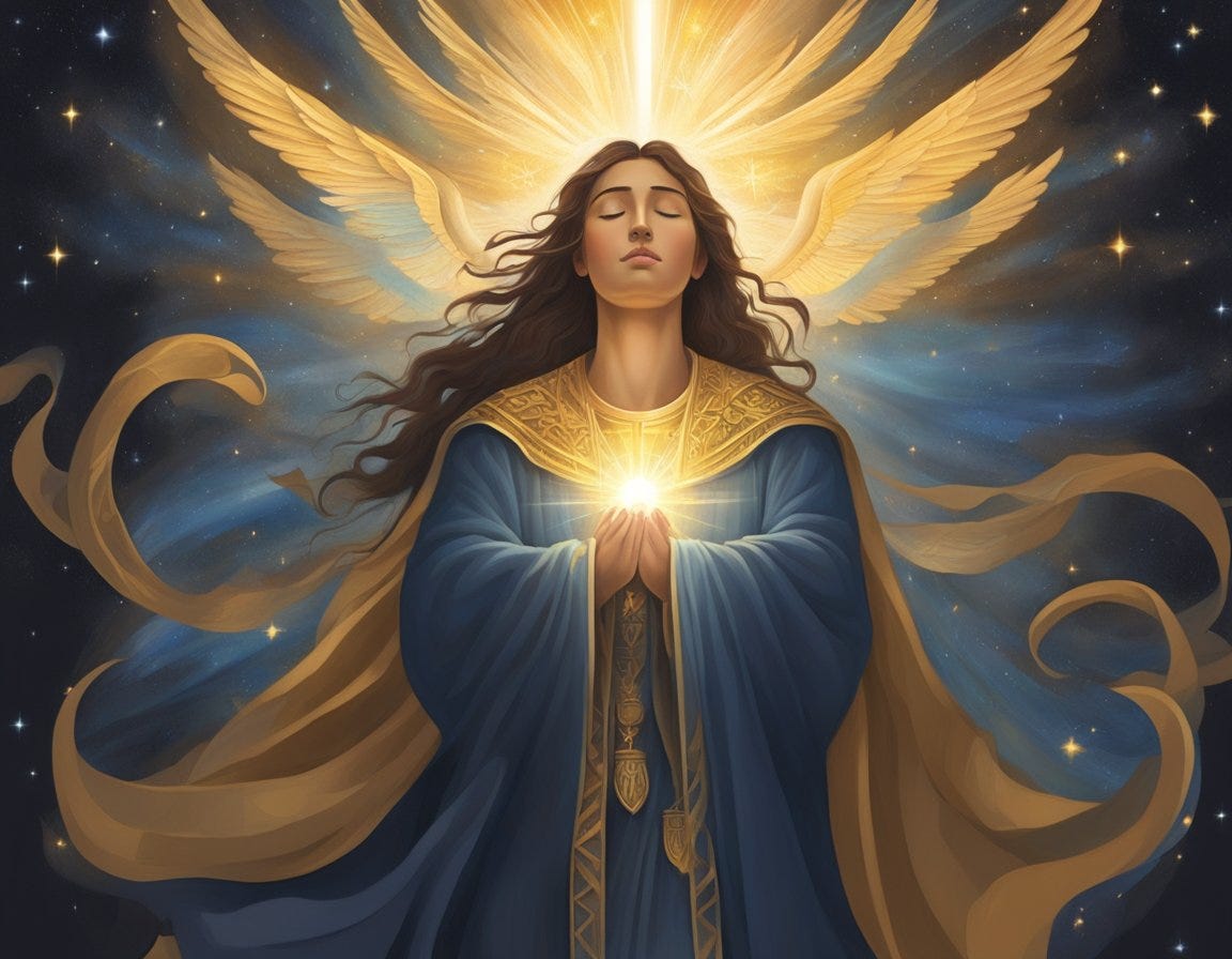 A radiant light shines down on a figure, surrounded by darkness. The figure is lifted up, surrounded by symbols of grace and forgiveness, as if being embraced by the divine