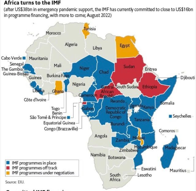 A map of IMF programmes across Africa, showing that most countries outside of southern and western Africa have a programme in place or being negotiated