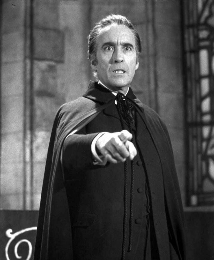 Christopher Lee, Dracula AD 1972  [Alan Gibson, 1972]. Another from @Eltweetdedanny.