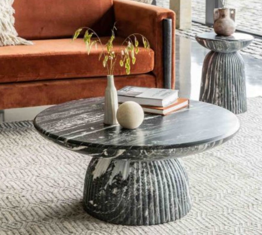 marble effect circular coffee table with slated base