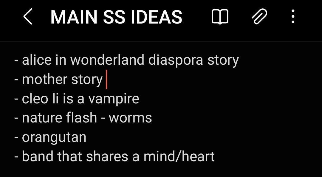 Notes app screenshot of a list that reads "alice in wonderland diaspora, mother story, cleo li is a vampire, nature flash - worms, orangutan, band that shares a mind/heart