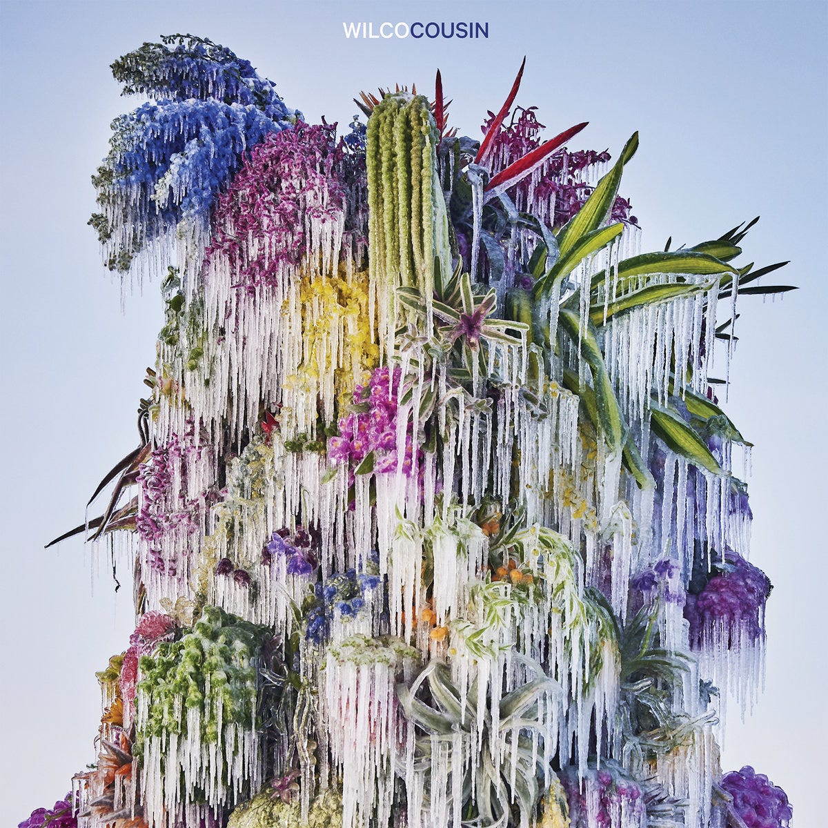 The album art for Wilco’s album Cousin. Multicolored flowers are frozen in front of a blue gradient background.