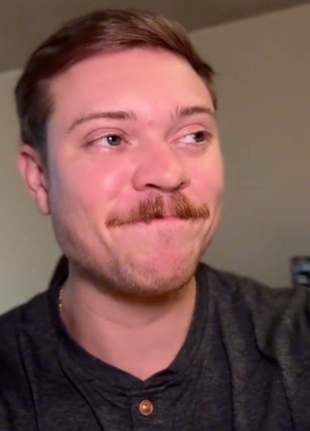 A man with a mustache looking surprised, potentially facing a fine for accidentally bringing an illegal item from overseas