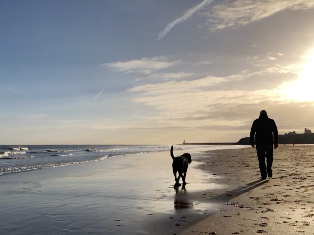 Photo by Author — taking exercise on a winter day - walking a dog on the beach